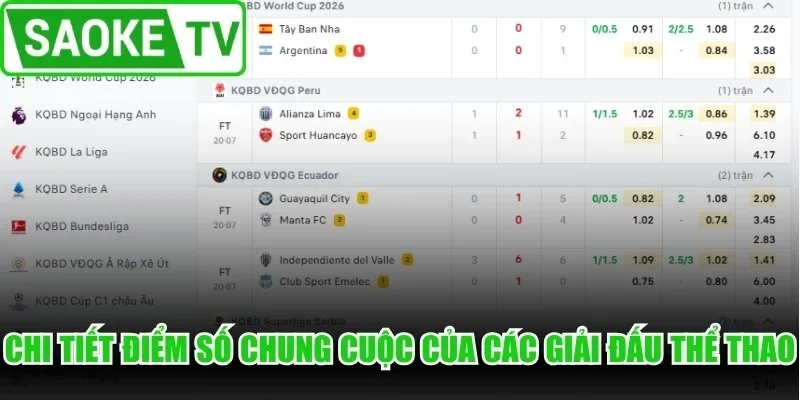 Chi tiết điểm số chung cuộc của các giải đấu thể thao